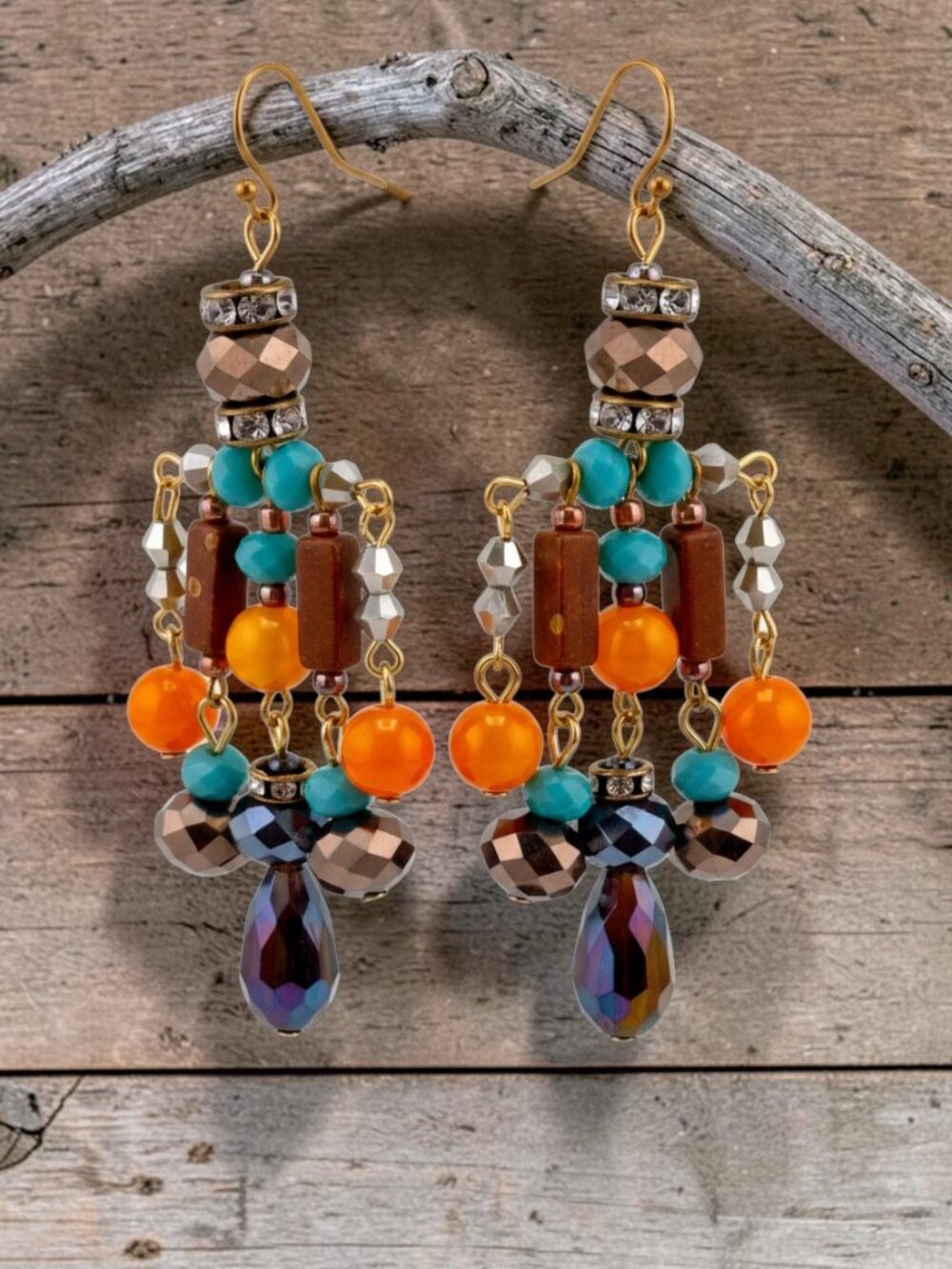 Vintage Y2K Waterfall Earrings Faceted Beaded Boho Statement Dangle 3 1/4"